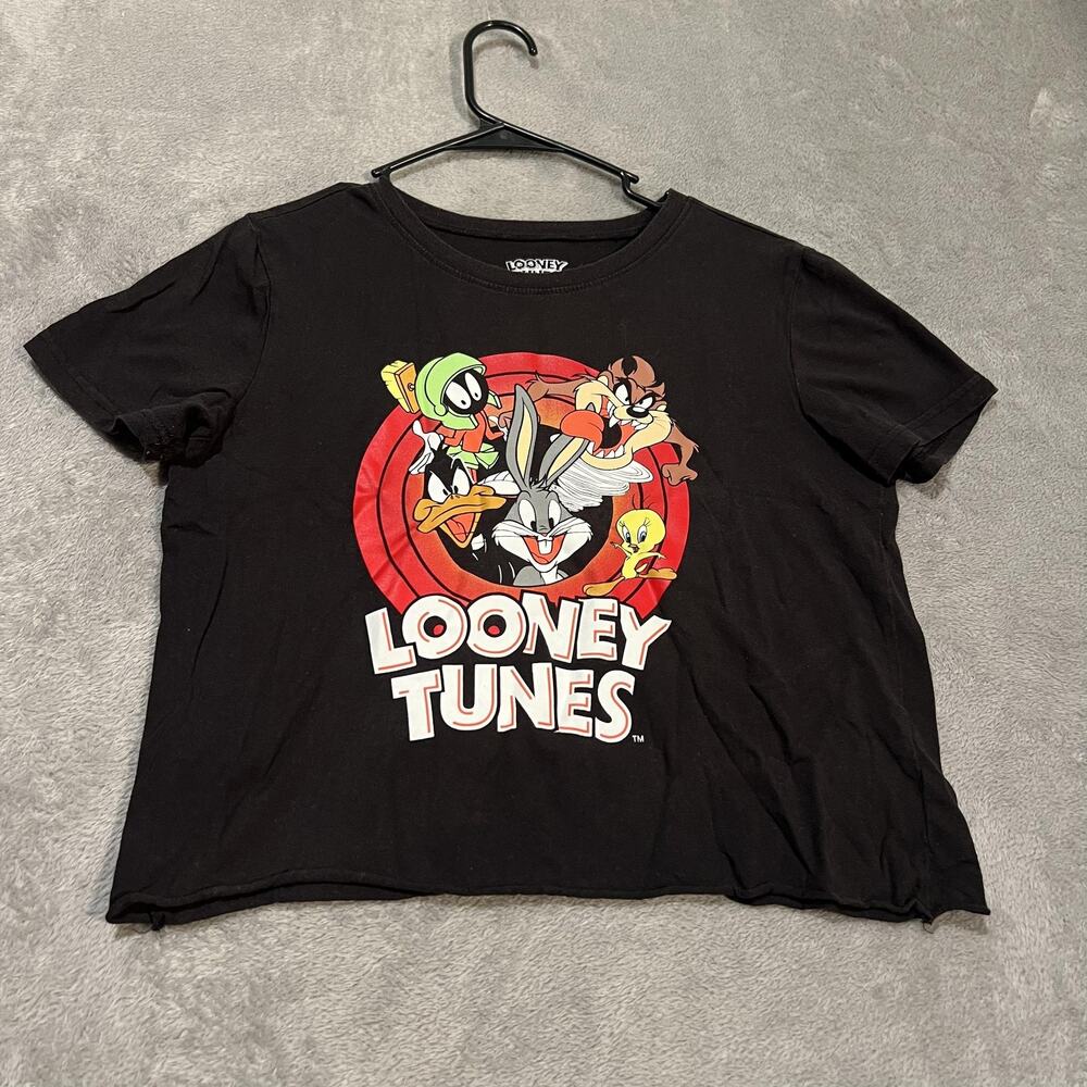 Looney Tunes Shirt Womens Large Black Crop Top Bugs Bunny Daffy Marvin Graphic